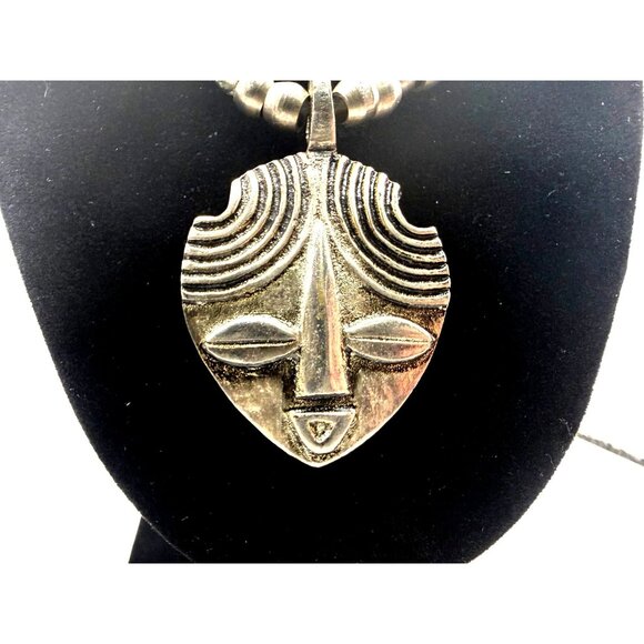 VTG Tribal Mask Pendant Necklace African Modernist Brutalist Silver Tone Beaded - Picture 2 of 7